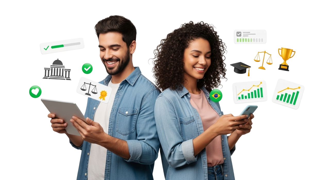 Estudante usando EstudaMax - Plataforma de estudos para concursos públicos com IA personalizada, questões comentadas e simulados